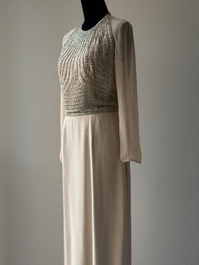 Victoria Royal Ltd Cream Long Sleeve Beaded Evening Gown